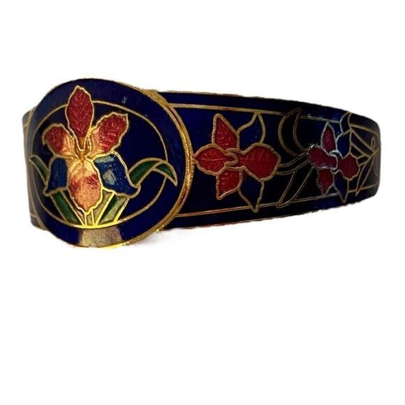 Cobalt Blue & Gold Floral Hinged Bracelet. Elegant Looking - Picture 2 of 6